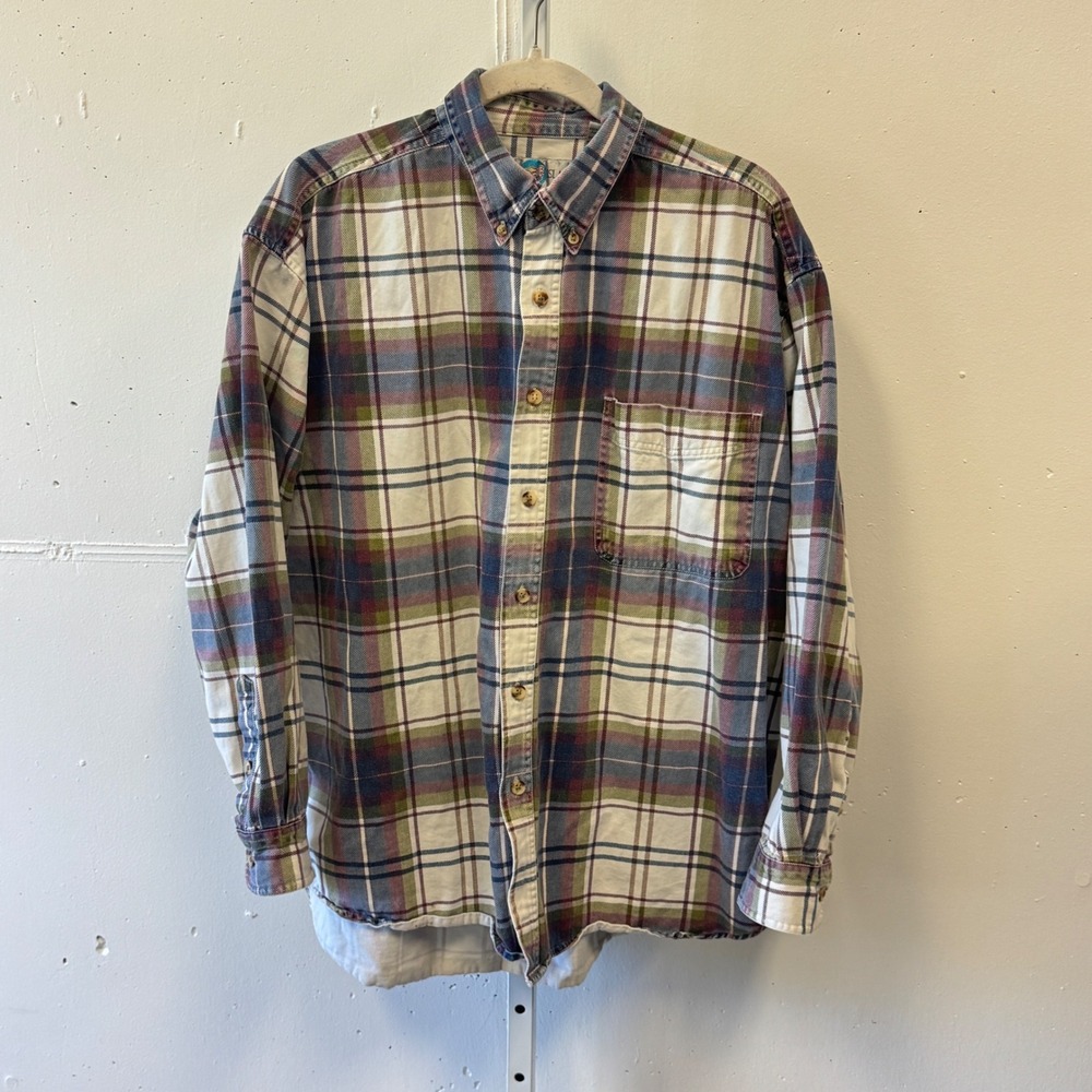 Vintage World Island Men's XL Plaid Button Down Shirt Blue Cotton‎ Long Sleeve